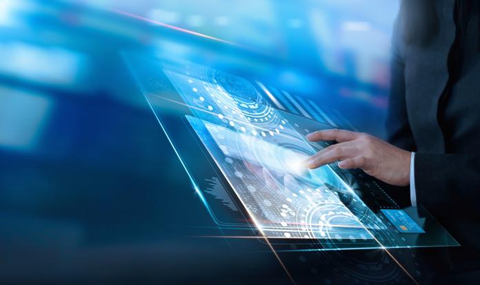 Hand touching virtual interface customer, technology innovation, business virtual concept, all on screen and credit card are design up